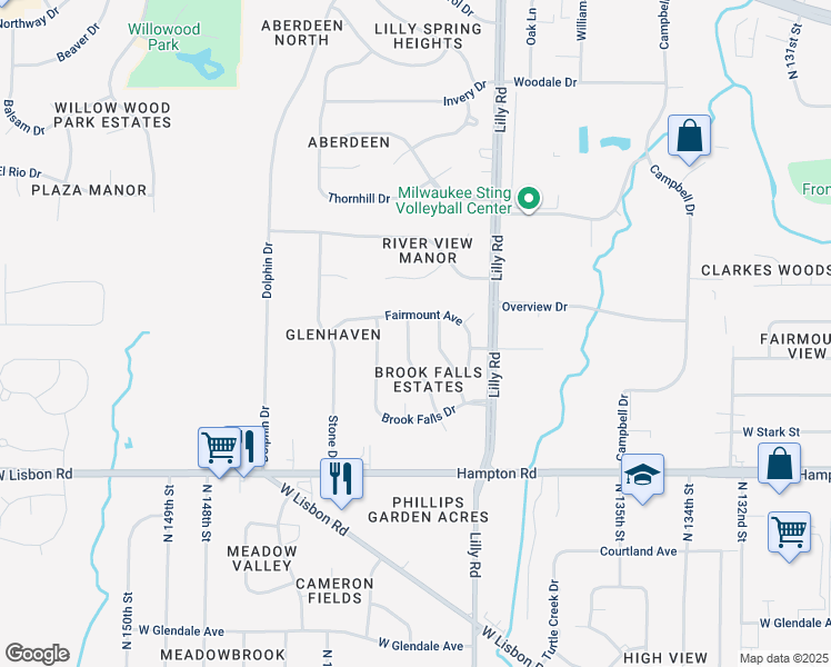 map of restaurants, bars, coffee shops, grocery stores, and more near W142N5018 Golden Fields Drive in Menomonee Falls