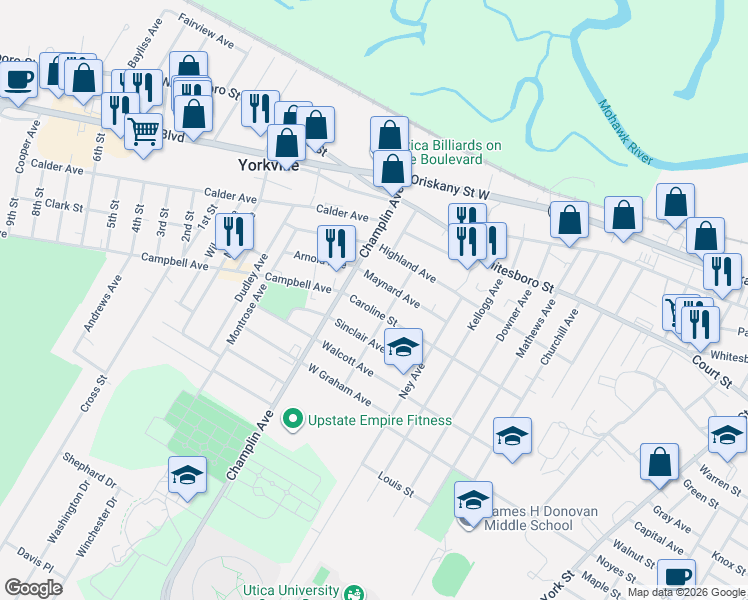 map of restaurants, bars, coffee shops, grocery stores, and more near 2211 Caroline Street in Utica