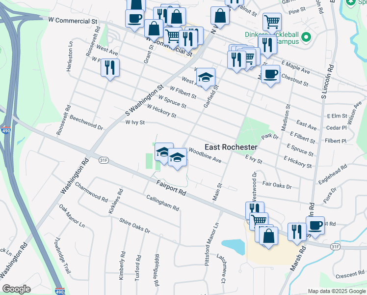 map of restaurants, bars, coffee shops, grocery stores, and more near 400 Woodbine Avenue in East Rochester