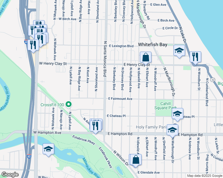 map of restaurants, bars, coffee shops, grocery stores, and more near 5039 North Berkeley Boulevard in Whitefish Bay
