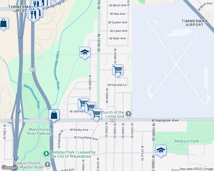 map of restaurants, bars, coffee shops, grocery stores, and more near 5002 North 106th Street in Milwaukee