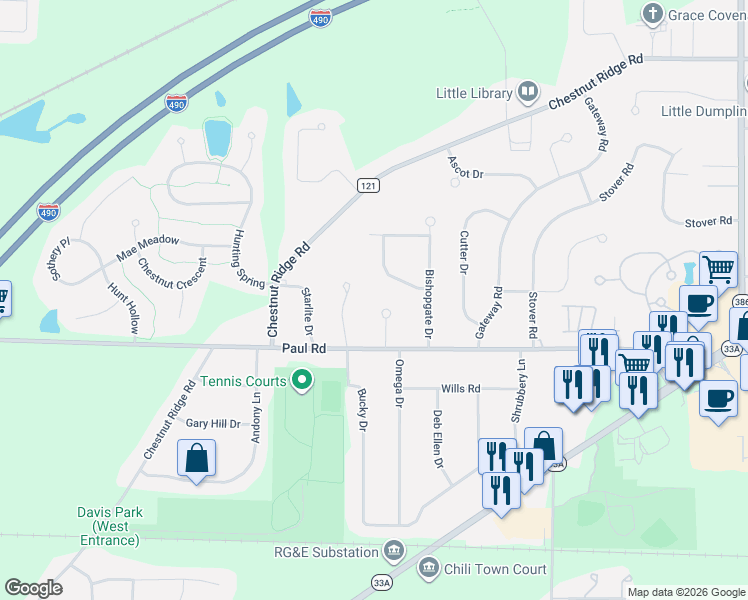 map of restaurants, bars, coffee shops, grocery stores, and more near 11 Chiswick Cir in Rochester