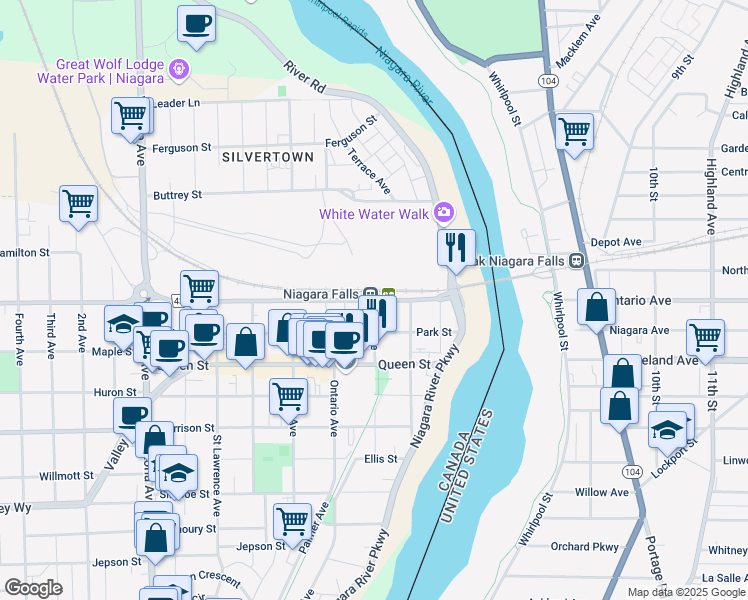map of restaurants, bars, coffee shops, grocery stores, and more near Bridge Street & Erie Avenue in Niagara Falls