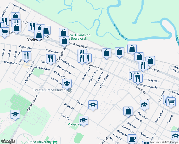 map of restaurants, bars, coffee shops, grocery stores, and more near 913 Kellogg Ave in Utica