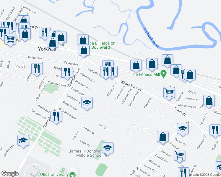 map of restaurants, bars, coffee shops, grocery stores, and more near 918 Kellogg Avenue in Utica