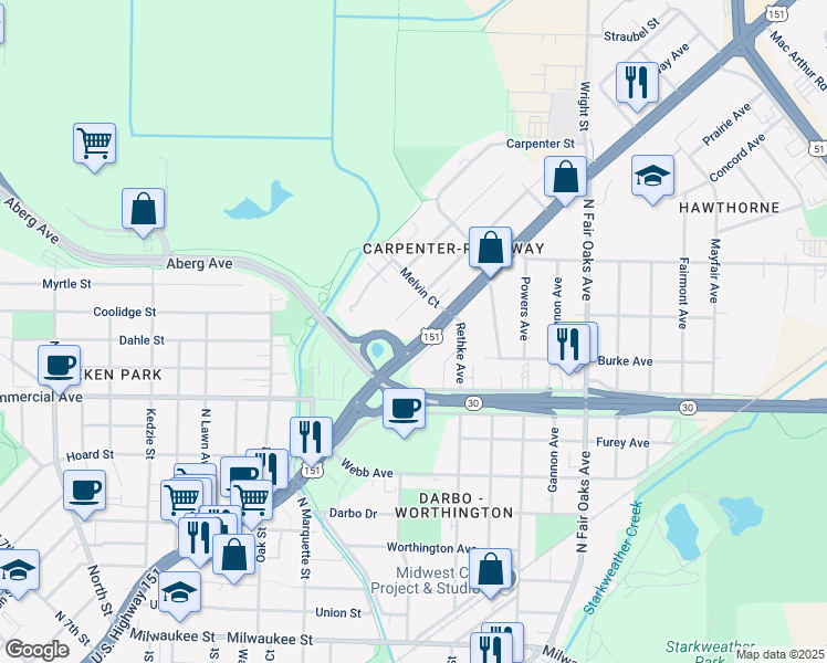 map of restaurants, bars, coffee shops, grocery stores, and more near 3100 East Washington Avenue in Madison