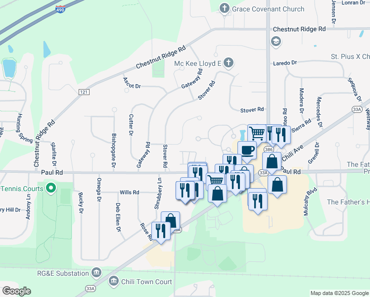 map of restaurants, bars, coffee shops, grocery stores, and more near 170 Powers Lane in Rochester