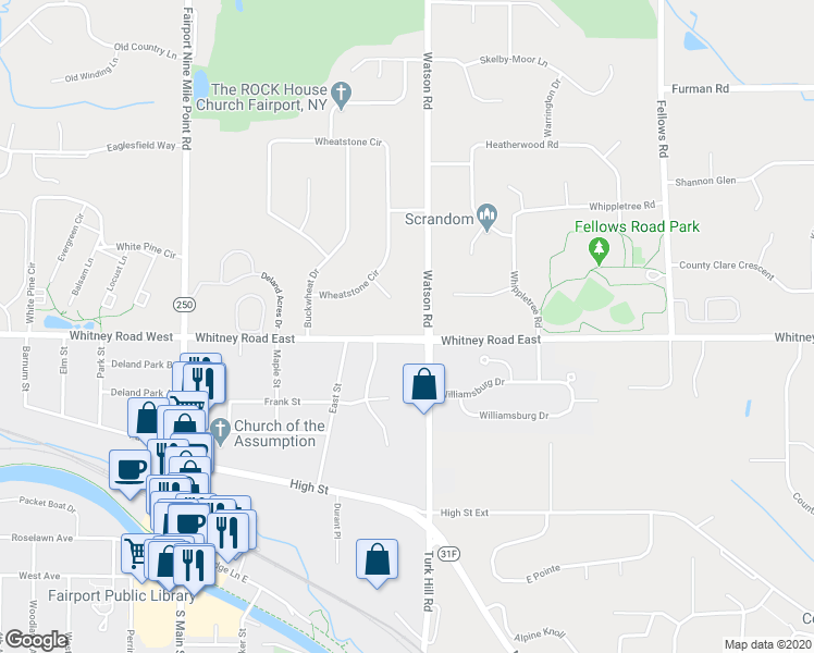map of restaurants, bars, coffee shops, grocery stores, and more near 1172 Whitney Road East in Fairport