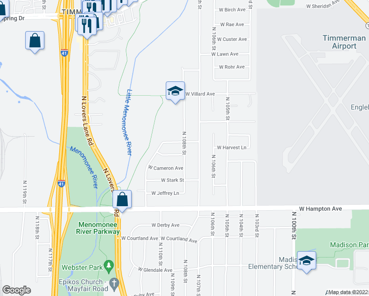 map of restaurants, bars, coffee shops, grocery stores, and more near North 108th Street in Milwaukee