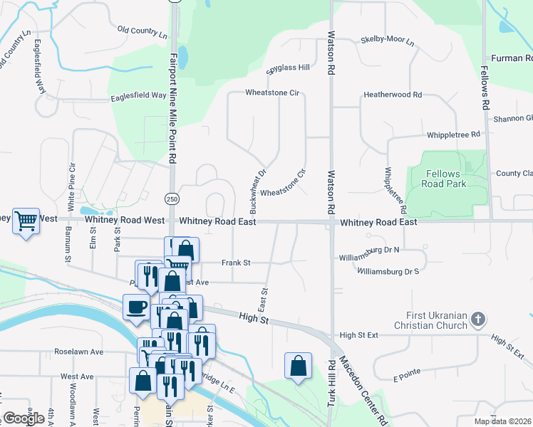 map of restaurants, bars, coffee shops, grocery stores, and more near 1100 Whitney Road East in Fairport