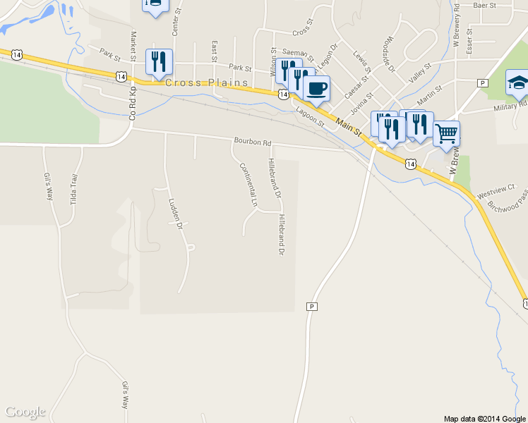 map of restaurants, bars, coffee shops, grocery stores, and more near 2035 Continental Ln in Cross Plains