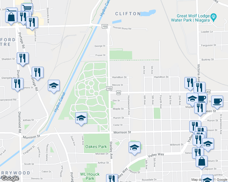 map of restaurants, bars, coffee shops, grocery stores, and more near 5431 Bridge Street in Niagara Falls