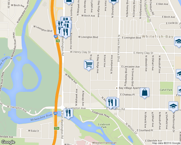 map of restaurants, bars, coffee shops, grocery stores, and more near 5055 North Lydell Avenue in Whitefish Bay