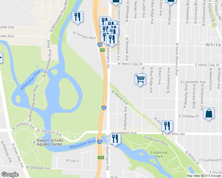 map of restaurants, bars, coffee shops, grocery stores, and more near 5050 North Port Washington Road in Milwaukee