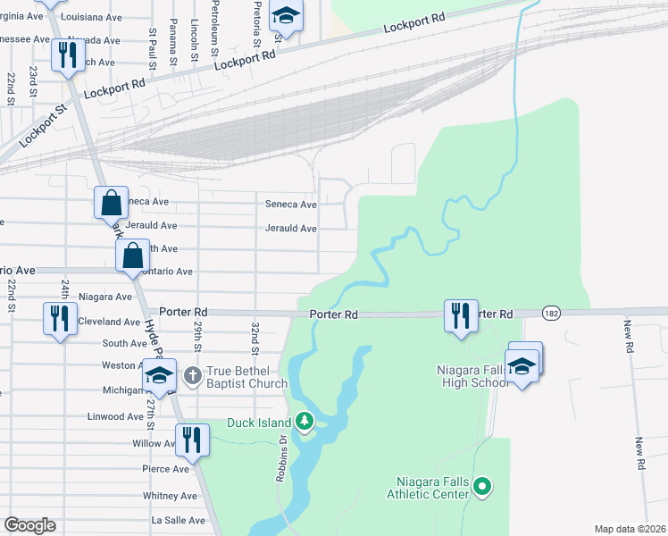 map of restaurants, bars, coffee shops, grocery stores, and more near 3526 Ontario Avenue in Niagara Falls