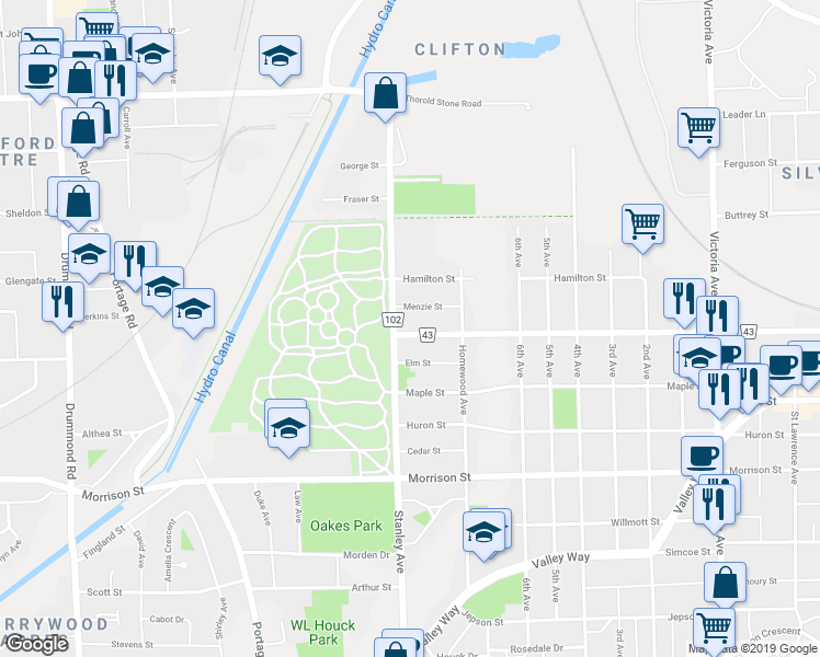 map of restaurants, bars, coffee shops, grocery stores, and more near 5446 Niagara Regional Road 43 in Niagara Falls