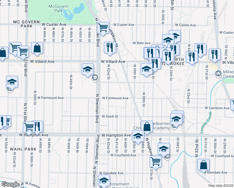 map of restaurants, bars, coffee shops, grocery stores, and more near 4118 West Fairmount Avenue in Milwaukee