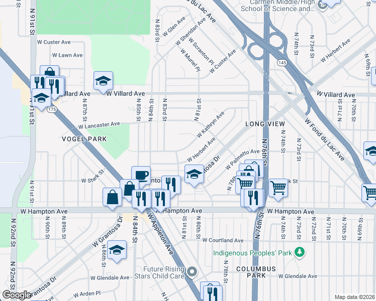 map of restaurants, bars, coffee shops, grocery stores, and more near 8114 West Herbert Avenue in Milwaukee
