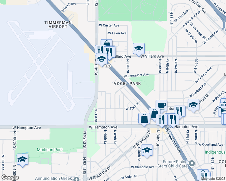 map of restaurants, bars, coffee shops, grocery stores, and more near 4968 North 89th Street in Milwaukee