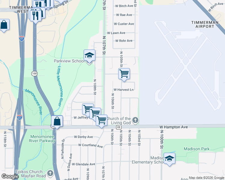 map of restaurants, bars, coffee shops, grocery stores, and more near 5002 North 106th Street in Milwaukee