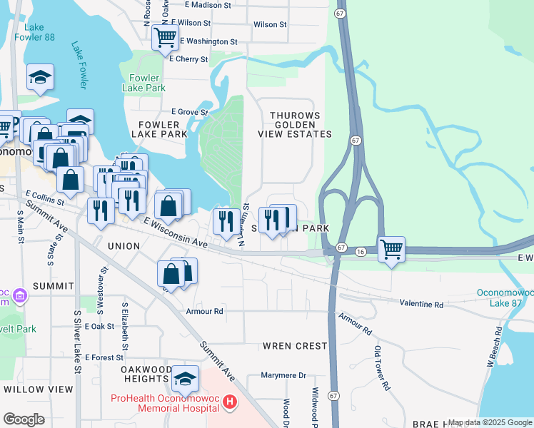 map of restaurants, bars, coffee shops, grocery stores, and more near 177 North Lapham Street in Oconomowoc