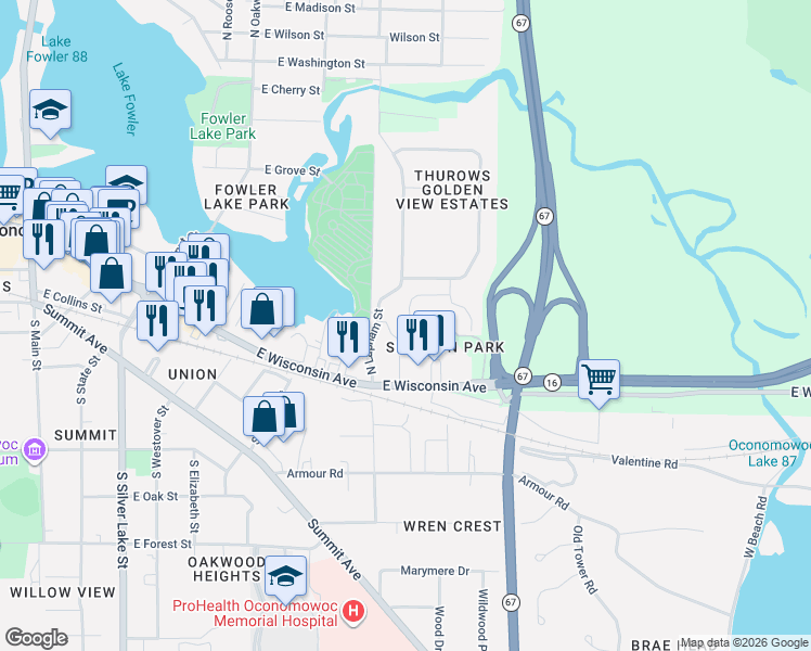 map of restaurants, bars, coffee shops, grocery stores, and more near 177 North Lapham Street in Oconomowoc