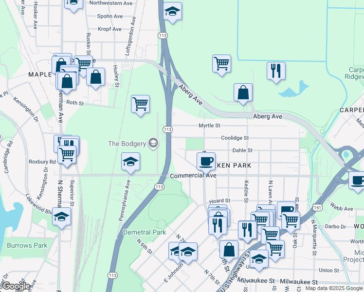 map of restaurants, bars, coffee shops, grocery stores, and more near 805 Mayer Avenue in Madison