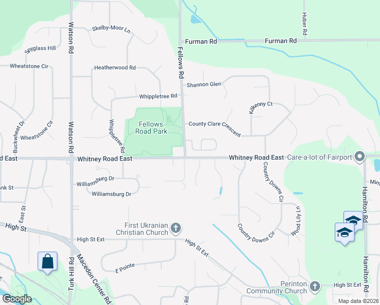 map of restaurants, bars, coffee shops, grocery stores, and more near 19 Cambridge Court in Fairport