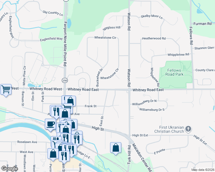 map of restaurants, bars, coffee shops, grocery stores, and more near 1100 Whitney Road East in Fairport