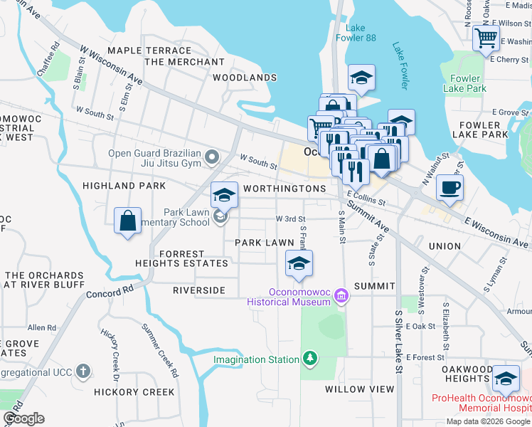 map of restaurants, bars, coffee shops, grocery stores, and more near 332 West 3rd Street in Oconomowoc