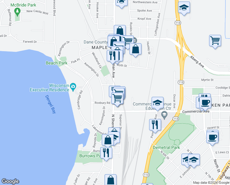 map of restaurants, bars, coffee shops, grocery stores, and more near 631 North Sherman Avenue in Madison