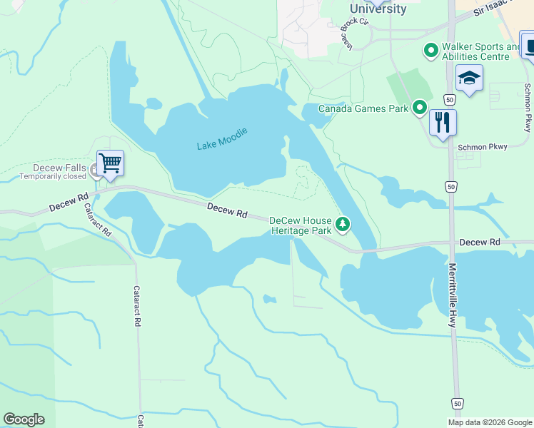 map of restaurants, bars, coffee shops, grocery stores, and more near 2440 Decew Road in Thorold