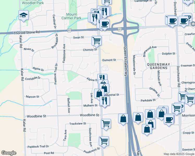 map of restaurants, bars, coffee shops, grocery stores, and more near 7619 Alpine Drive in Niagara Falls