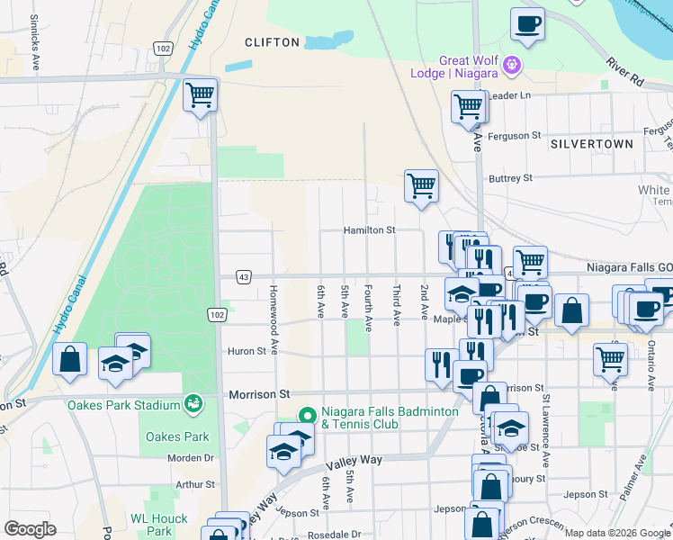 map of restaurants, bars, coffee shops, grocery stores, and more near 5159 Bridge Street in Niagara Falls
