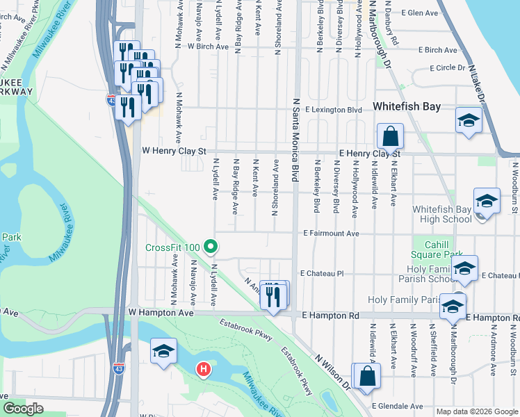 map of restaurants, bars, coffee shops, grocery stores, and more near 5046 North Kent Avenue in Whitefish Bay