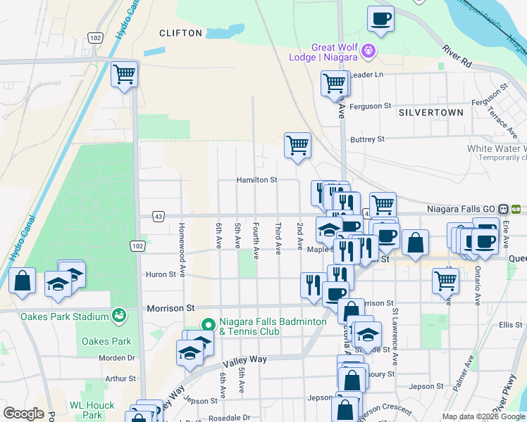 map of restaurants, bars, coffee shops, grocery stores, and more near in Niagara Falls