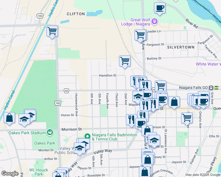 map of restaurants, bars, coffee shops, grocery stores, and more near 5057 Bridge Street in Niagara Falls