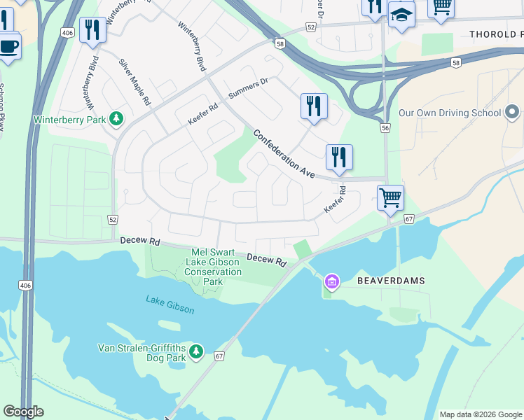 map of restaurants, bars, coffee shops, grocery stores, and more near 5 Commerford Street in Thorold