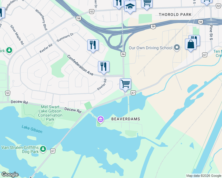 map of restaurants, bars, coffee shops, grocery stores, and more near Lampman Crescent in Thorold