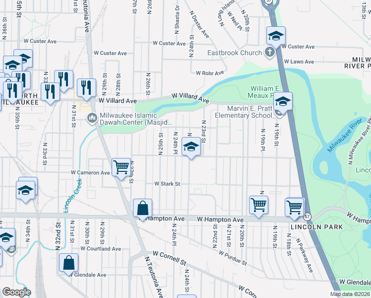 map of restaurants, bars, coffee shops, grocery stores, and more near 2400 West Fairmount Avenue in Milwaukee