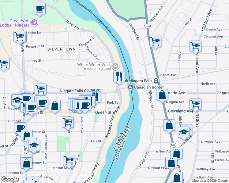 map of restaurants, bars, coffee shops, grocery stores, and more near Bridge Street in Niagara Falls