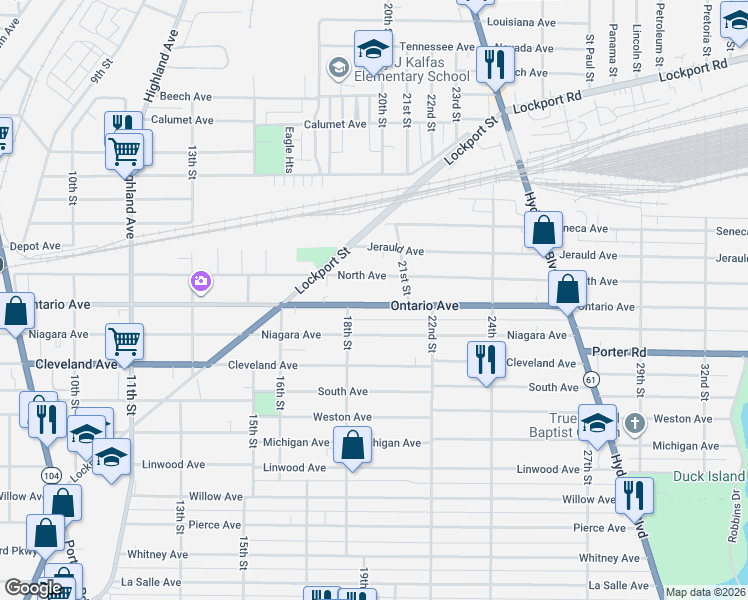 map of restaurants, bars, coffee shops, grocery stores, and more near 1831 Ontario Avenue in Niagara Falls