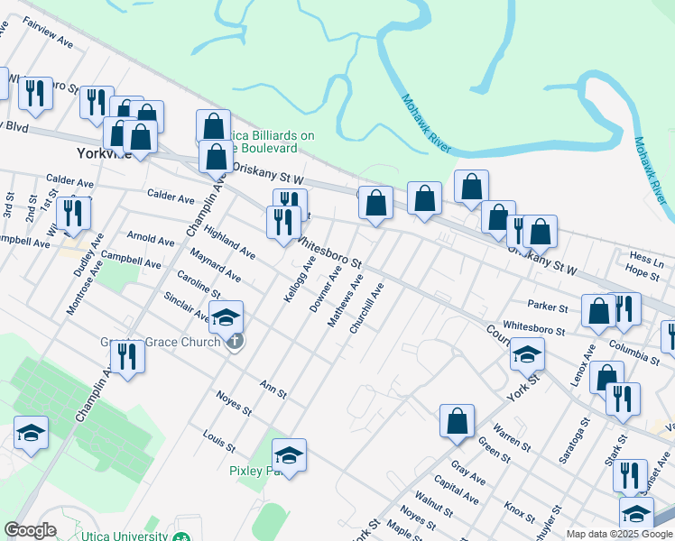 map of restaurants, bars, coffee shops, grocery stores, and more near 912 Mathews Avenue in Utica