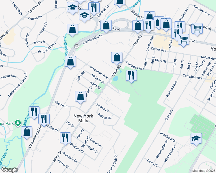 map of restaurants, bars, coffee shops, grocery stores, and more near 207 Main Street in New York Mills