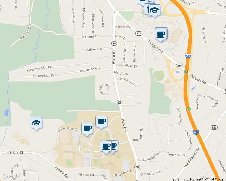 map of restaurants, bars, coffee shops, grocery stores, and more near 30 San Rafael Drive in Rochester