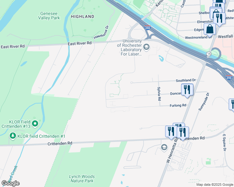 map of restaurants, bars, coffee shops, grocery stores, and more near 351 Quinby Road in Rochester