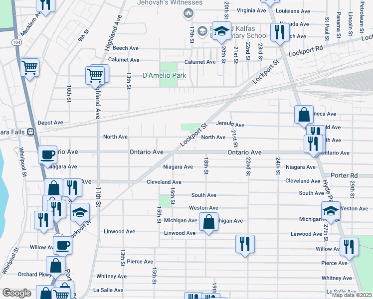 map of restaurants, bars, coffee shops, grocery stores, and more near 1639 Ontario Avenue in Niagara Falls