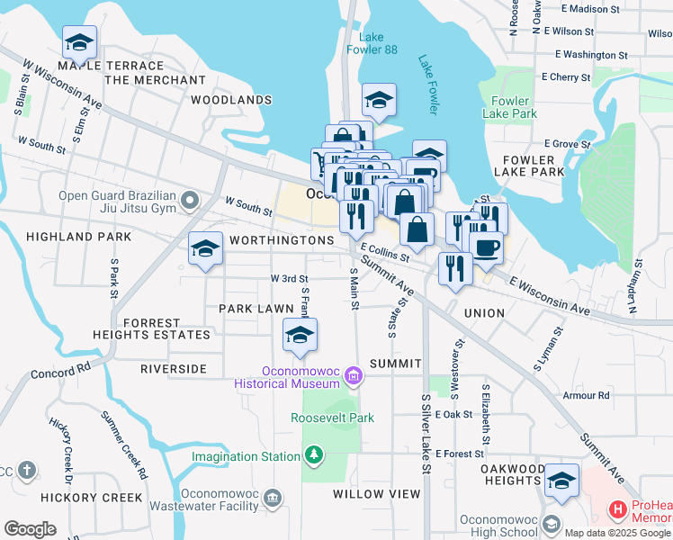 map of restaurants, bars, coffee shops, grocery stores, and more near 119 West 3rd Street in Oconomowoc