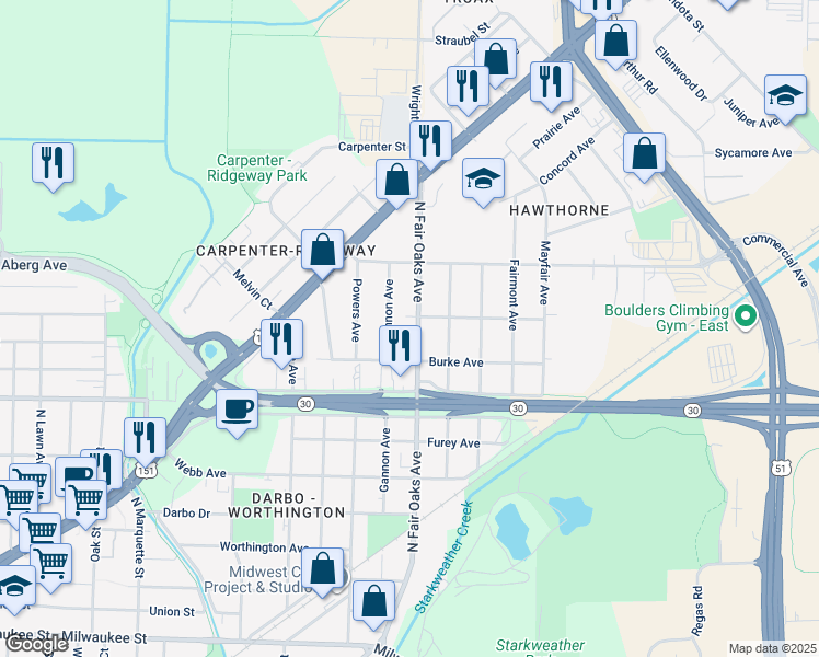map of restaurants, bars, coffee shops, grocery stores, and more near 720 North Fair Oaks Avenue in Madison