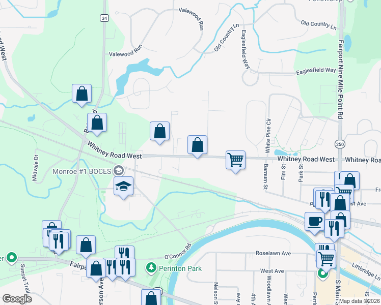map of restaurants, bars, coffee shops, grocery stores, and more near 712 Whitney Road West in Fairport